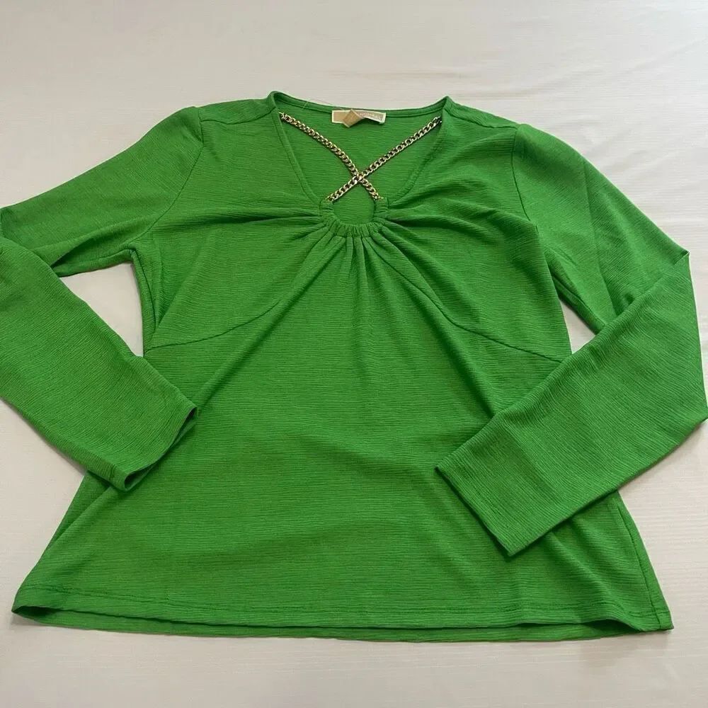 Michael Kors Spring Green Long Sleeve Gold Chain Blouse Top Women Medium New